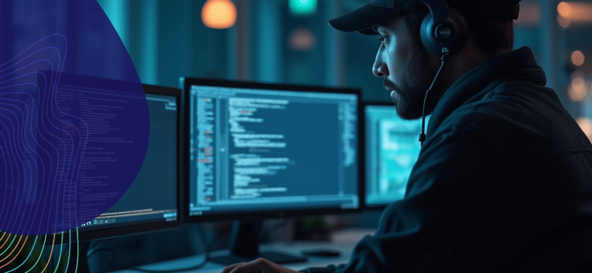 Hacker, der für einen Pen-test in ein System eindringt, in einem dunklem Raum sitzend mit Logo der KOMON-Security
