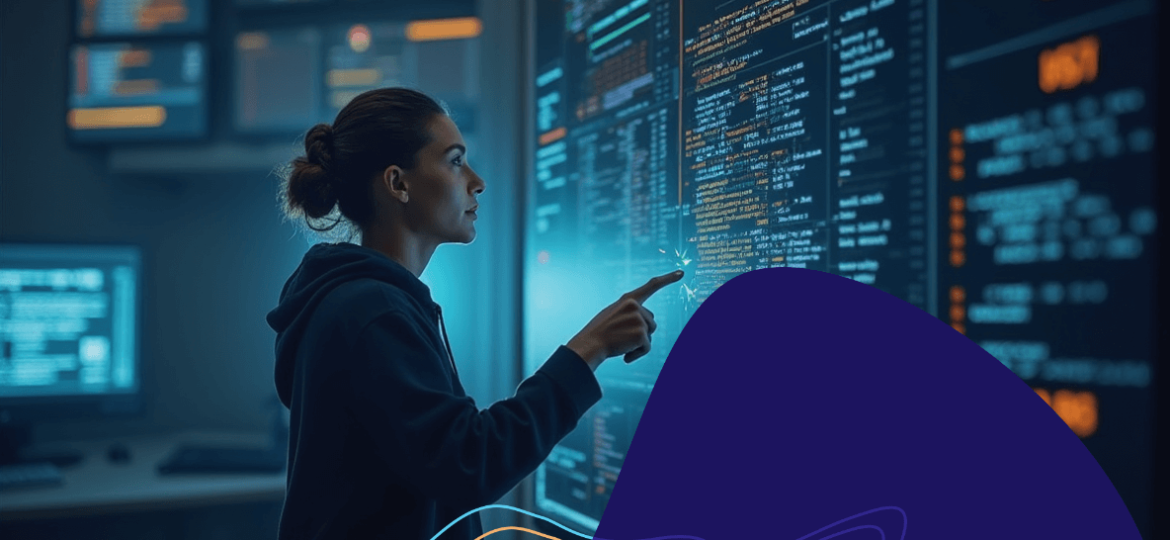 Frau vor einem Touchscreen-Monitor stehend, in einem Cyber-Umfeld. Das Bild soll Social Engineering symbolisieren.